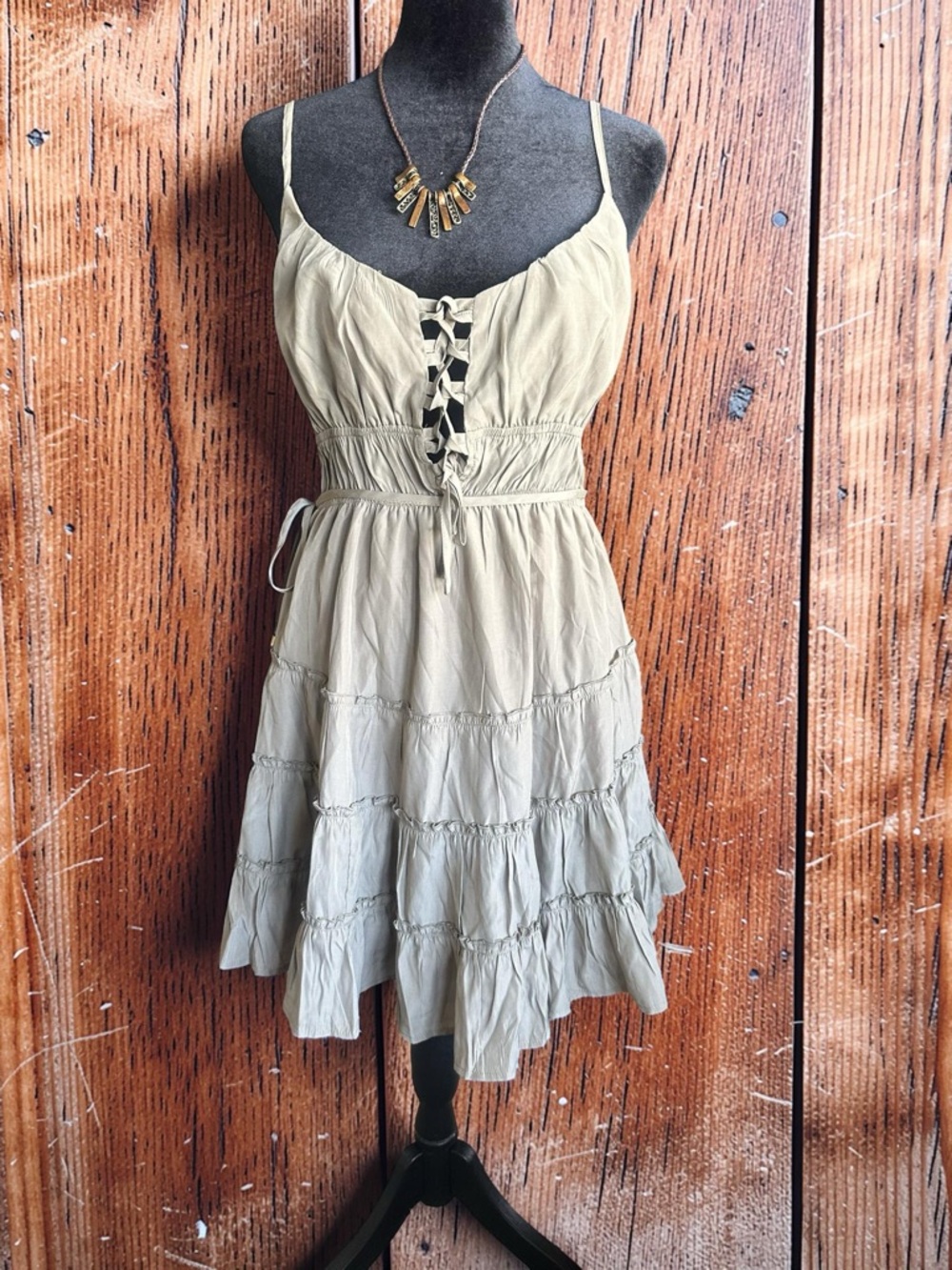 Mable Spaghetti Strap Lace-Up Lined Mini Dress in Khaki Color Size Medium